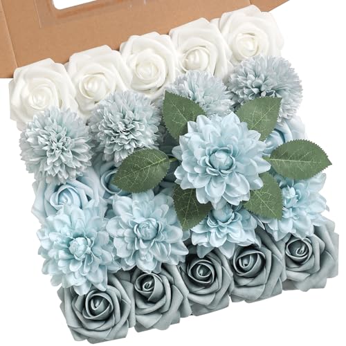 rongflower Artificial Flowers Combo Box Set Gradient Color Flower Leaf with Stems for DIY Wedding Bouquets Centerpieces Baby Shower Party Home Decorations(Dusty Blue) - color: Dusty Blue