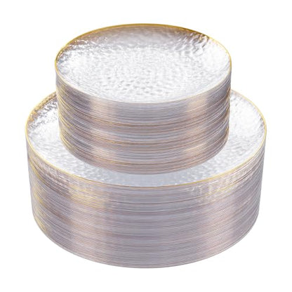 Rubtlamp 60Pcs Clear Plastic Plates,Clear Disposable Plates With Gold Rim,Heavy-duty Gold Plates,Hammered Party Plates Include 30Clear Dessert-Platos,30Dinner-Platos for Wedding, Party - color: Clear Gold