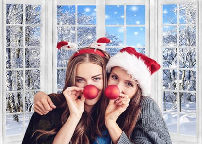 5x4ft Winter Landscape Window Backdrop Snow Trees Scenery Photography Background Banner Merry Xmas New Year Party Banner Decorations Supplies Photo Booth Props - size: 5x4ft