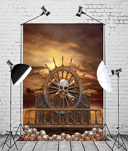 BELECO 6.5x10ft Fabric Pirate Backdrop Halloween Pirate Decorations Pirate Steering Wheel Scary Skulls Gloomy Sky Photography Background Kids Adult Pirate Theme Party Event Decoration Photoshoot Props - size: 6.5x10FT