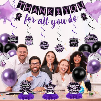 Vlipoeasn We Appreciate You Banner Decorations, Black Purple Thank You for All You Do Backdrop Banner Honeycomb, Retirement Office Decor Staff Teachers Professors Doctor Nurses Appreciation - style: Purple