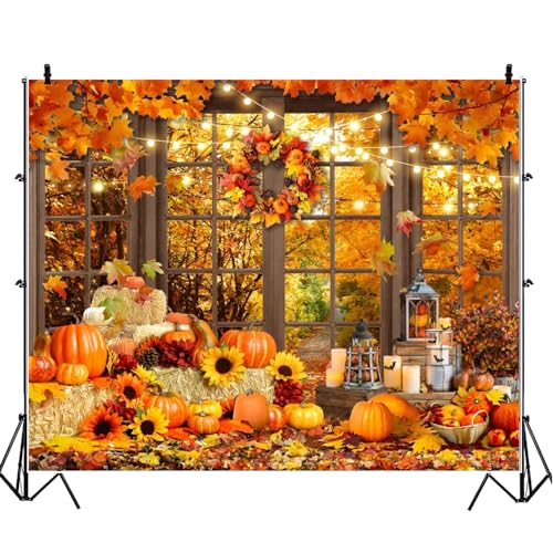 Fall Thanksgiving Backdrop for Photography 10x8ft Autumn Forest Window Pumpkin Haystack Sunflower Photo Backdrop Maple Leaves Path Friendsgiving Party Decor Baby Shower Kids Adult Portrait Photo Props