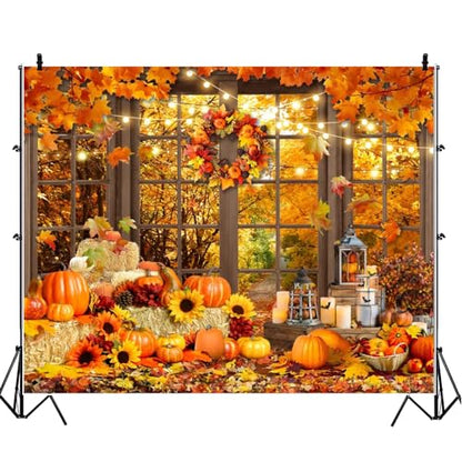 Fall Thanksgiving Backdrop for Photography 10x8ft Autumn Forest Window Pumpkin Haystack Sunflower Photo Backdrop Maple Leaves Path Friendsgiving Party Decor Baby Shower Kids Adult Portrait Photo Props