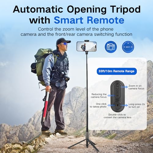 62 inch Selfie Stick Tripod for iPhone, Auto-Open Phone Tripod Stand with Magnetic Smart Remote Support Cell Phone Zoom in/Out,Front/Rear Camera Switch,Travel Selfie Stick for iPhone/Android - color: B-Auto-Open Tripod