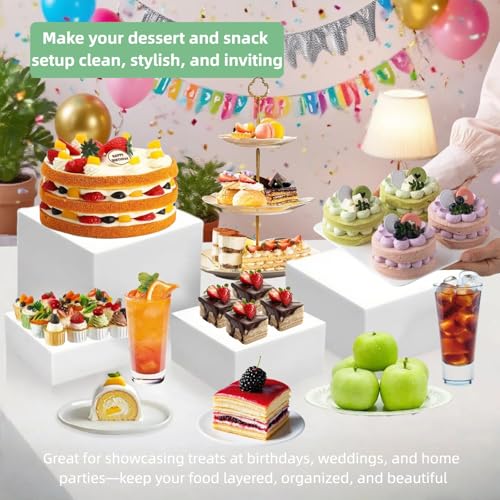6 PCS Buffet Risers and Stands (3",4",5",6",7",8"), Food Risers for Buffet Table, Acrylic Nesting Risers with Hollow Bottoms, Display Stand Shelf for Party, Catering, Desserts, Jewelry & Collectibles (white)