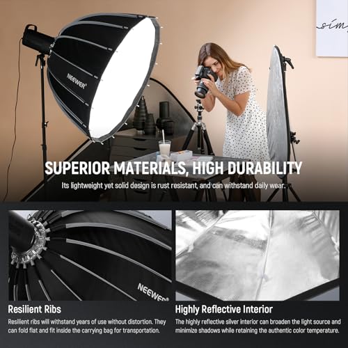 NEEWER Basics Parabolic Softbox Bowens Mount, 47" Quick Release Soft Box Light Diffuser/Grid/Bag Compatible with Godox Compatible with Aputure 600d Studio Photography Video Recording Lighting, NS39P - style: 47"/ 120cm Parabolic