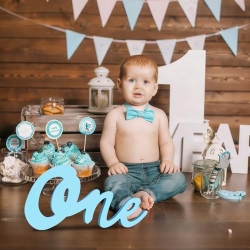 TONIFUL One Wooden Sign Cutout Letter for Boy 1st Birthday Party Decorations Table Centerpieces for First Birthday Light Blue Letter Wooden Photo Booth Props Party Decorations Supplies - style: One-Light Blue