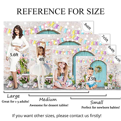 Mocsicka Easter Backdrop Blue Wooden Door with Brick Wall Bunny Rabbit Spring Photography Background Easter Day Party Decorations Photo Studio Props - size: 10x8ft(120x96 inch)
