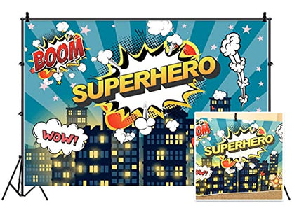 Haoyiyi 5x3ft Superhero Super City Backdrop City Building Dark Blue Sky Boom Cloud Background Photography Children Kids Boys Baby Shower Birthday Artistic Portrait Photo Booth Prop