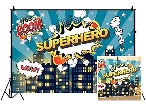 Haoyiyi 5x3ft Superhero Super City Backdrop City Building Dark Blue Sky Boom Cloud Background Photography Children Kids Boys Baby Shower Birthday Artistic Portrait Photo Booth Prop