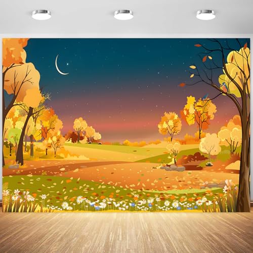 5x3ft Fall Backdrop Autumn Scenery Country Painting Photography Background Yellow Tree Fall Leaves Decorations Supplies Wallpaper Photo Studio Props - color: Navy, size: 5x3ft