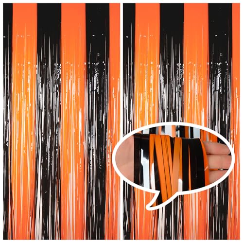 Halloween Party Decorations Tinsel Foil Fringe Curtains Party Backdrop, Melsan 3.2 x 8 ft Streamer Backdrop Tinsel Curtains for Birthday, Graduation, Halloween Party Decor - Pack of 2 - color: Black + Orange, size: 3.2 x 8 ft