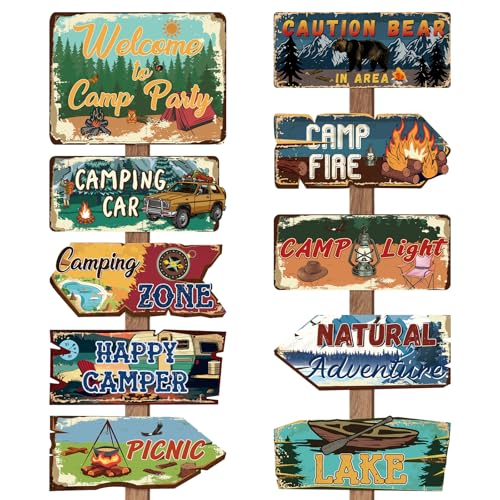 Hooqict 20 Pieces Camping Party Decorations Camping Themed Party Directional Signs for Summer Camp Day Classroom Welcome to Camp Birthday Decor Picnic Yard Sign - style: Camp