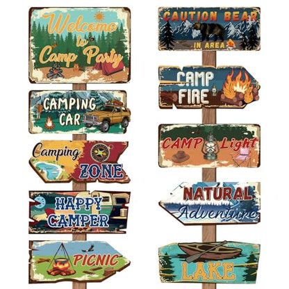 Hooqict 20 Pieces Camping Party Decorations Camping Themed Party Directional Signs for Summer Camp Day Classroom Welcome to Camp Birthday Decor Picnic Yard Sign - style: Camp