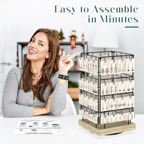 EsLuker.ly Rotating Earring Display Holder Stand for Vendors Events Selling, Large Capacity 64 Hooks Jewelry Rack with Wooden Base for Earring Card Sales, Enhances Retail Display Visibility - color: Oak+Black