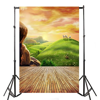AOFOTO 4x6ft Photography Backgrounds Photo Backdrop Dreamy Pastoral Scenery Cartoon Painting Rosy Clouds Sheep Grass Hillside Wood Floor Props Video Studio Baby Kid Artistic Portrait Vinyl Wallpaper - size: 4x6ft