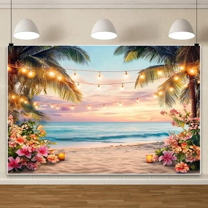 Yeele 12x8ft Sea Beach Backdrop for Photography Summer Tropical Floral Palm Trees Ocean Wave Sunset Sea Scenic Background for Hawaii Holiday Travel Kids Adults Family Portrait Photo Shoot Props - size: 12x8ft