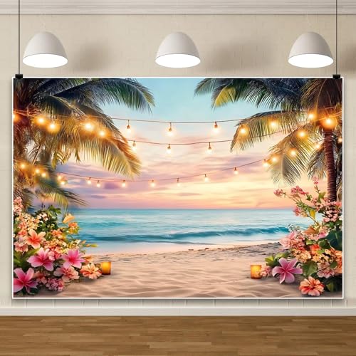 Yeele 10x6.5ft Sea Beach Backdrop for Photography Summer Tropical Floral Palm Trees Ocean Wave Sunset Sea Scenic Background for Hawaii Holiday Travel Kids Adults Family Portrait Photo Shoot Props - size: 10x6.5ft