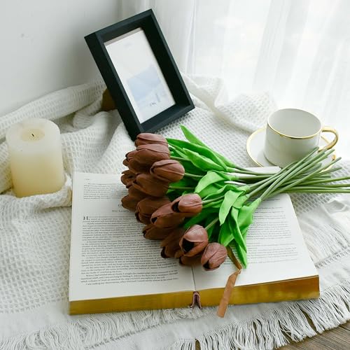 Mandy's Brown Artificial Tulips Flowers Centerpiece, 13.5" Lifelike PU Fake Floral Stems 20pcs for Kitchen Island & Dining Table, Spring Decor for Easter - color: Brown