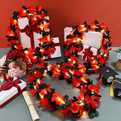 Sherr 24 Pcs LED Light Up Hawaiian Leis Flower Necklaces, Black and Red Artificial Flower Garlands for Graduation Party, Luau, Wedding, Festival Night Accessories - color: Black Red