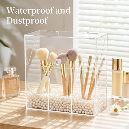 Okllen Makeup Brush Holder with Dustproof Lid, White Pearls, Acrylic Clear Makeup Brush Organizer with 3 Compartment, Large Cosmetic Brush Storage Box Case for Vanity, Bathroom, Bedroom