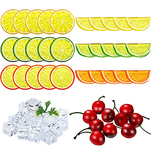 MTLEE 90pcs Artificial Plant Fruit Decor Set, Including 30 Simulation Lemon Slices, 50 Clear Acrylic Ice Cubes, 10 Artificial Cherry Fruits for Home Decor, Wedding Vase Filler, Photo Prop