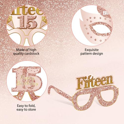 24PCS 15th Birthday Paper Eyeglasses Decorations for Girls Women, Pink Rose Gold Sweet 15 Birthday Quinceanera Decoration Eyeglasses Party Supplies, Funny Fifteen Year Old Birthday Glasses Decor - style: Rose Gold 15th