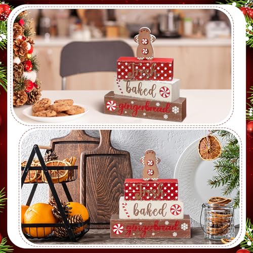 Geelin 4 Pcs Wooden Christmas Tabletop Decor Gingerbread Man Tiered Tray Decor Christmas Centerpiece Rustic Decorative Block Signs Gift Farmhouse Table Decoration for Home Kitchen - style: Gingerbread