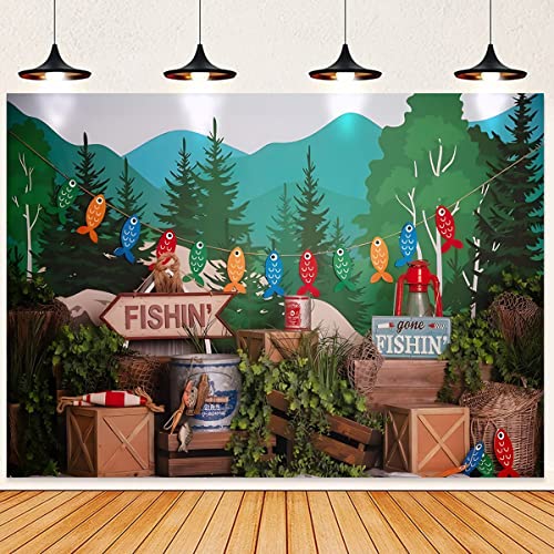 Gone Fishing Photography Background Forest Green Plants Boy Child Birthday Party Cake Smash Portrait Backdrop Baby Shower Party Photo Booth Props,8x6ft - size: 8X6FT