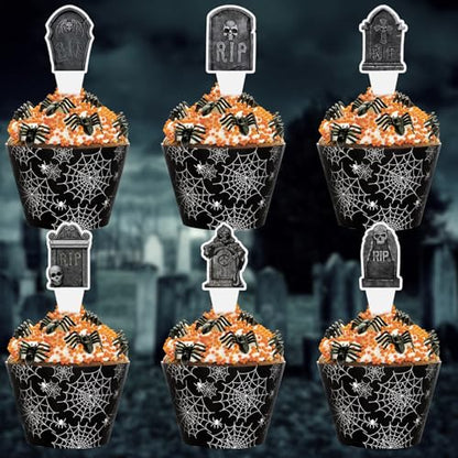 48 Pack Halloween Cupcake Toppers and Black Spider Web Wrappers, Tombstones Skeleton Cupcake Picks Decoration for Halloween Party Birthday Party Supplies - style: Halloween
