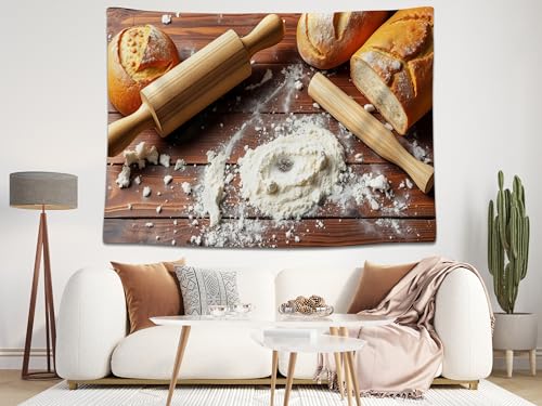 10x8ft Baking Backdrop Wooden Table Fresh Bread Flour Rolling Pin Rustic Kitchen Style Background for Birthday Baking Theme Party Cooking Classes Food Photography Decor Booth Props Banner - size: 10x8FT