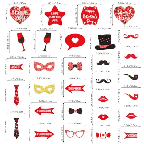 30Pcs Valentine's Day Photo Booth Props Happy Lovers Selfie Props Funny Red Heart Lip Glasses Beard Hat Wine Glass Photobooth Props for Photography for Wedding Party Photoshoot Decorations