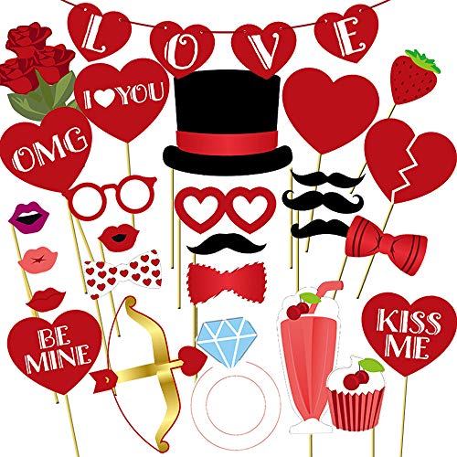 Valentines Day Photo Booth Props 35 PCS, DIY Funny Disguise Props Valentines Day Decorations with Love Banner - Valentines Party Supplies Wedding Photo Props