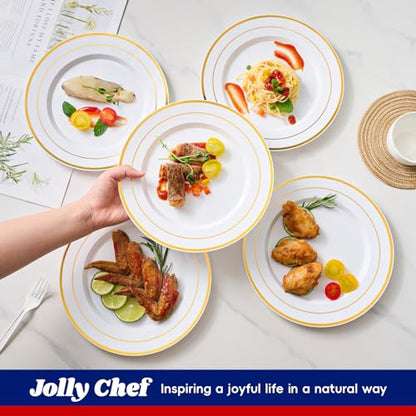JOLLY CHEF 100 Pieces Gold Plastic Plates, 10 Inch Elegant Disposable Dinner White with Gold Rim, Disposable Plastic Plates for Christmas, Birthdays and Weddings - style: Gold-100