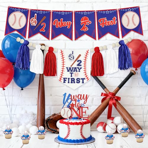 Baseball 1/2 Birthday Decorations Kit - Includes “1/2 Way to First” Banner, High Chair Garland, Cake Topper, Soft Crown & Photo Backdrop for 6-Month Rookie Party - color: Navy