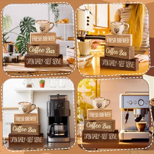 Moucuny 4 Pcs Farmhouse Coffee Bar Signs Decor Wooden Cup Rise & Shine It's Coffee Time Rustic Wood Cafe Sign Gift for Home Kitchen Tabletop Decor - style: Coffee Bar Coffee Bar