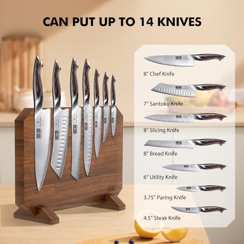 HOSHANHO Magnetic Knife Block, Thickened Acacia Wood Kitchen Knife Holder Stand with Strong Magnets, Multifunctional Double Side Knife Storage Organizer for Kitchen Counter - size: 14*10*4.7 inch