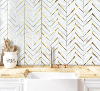 DICOFUN 10-Sheet Herringbone Tile Peel and Stick Backsplash, Polished White Marble PVC Mixed Metal Gold Stick on Backsplash for Kitchen and Bathroom Wall - color: Polished White Marble and Metal Gold, size: 10 Sheets, 12"x12"x0.12"
