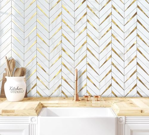 DICOFUN 10-Sheet Herringbone Tile Peel and Stick Backsplash, Polished White Marble PVC Mixed Metal Gold Stick on Backsplash for Kitchen and Bathroom Wall - color: Polished White Marble and Metal Gold, size: 10 Sheets, 12"x12"x0.12"