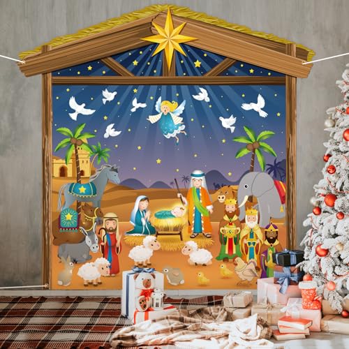 Panelee 7 X 6.5 Ft Christmas Nativity Scene Backdrop Decorations Christian Birth of Jesus Backdrop Banner Photo Booth Props for Garage Door Wall Decor Religious Winter Holiday Party Supplies - style: Cute