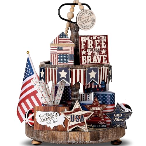 FoldTier 18 Pcs 4th of July Tiered Tray Decor Set Rustic Patriotic Independence Day Decoration Glow Vintage Farmhouse 4th of July Tiered Tray Sign Wooden Red White Blue Decor for Table(Freedom) - style: Freedom