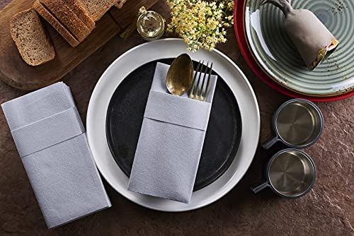 Moyes Home Silver Disposable Dinner Napkins with Pocket - Linen-Feel Pre-Folded Cloth-Like Paper Napkins for Silverware, Weddings, Dinner Parties, 16x16 in, Pack of 50 - color: Silver