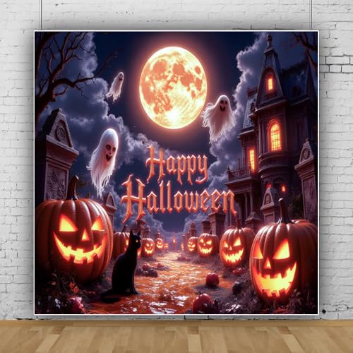 10x10ft Halloween Backdrops for Photoshoot Spooky Golden Full Moon Pumpkin Ghosts Happy Halloween Photo Backdrop for Photography Haunted Mansion Decorations Background Studio Photo Booth Props - color: Orange, size: 10x10ft