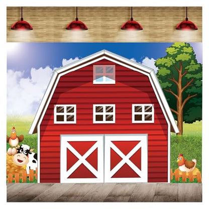Cartoon Farm Photography Backdrop Animals Rustic Farmhouse Red Barn Photo Background for Kids Birthday Party Decoration Barnyard Baby Shower Newborn Photobooth Banner (10x8 FT) - size: 10x8 FT