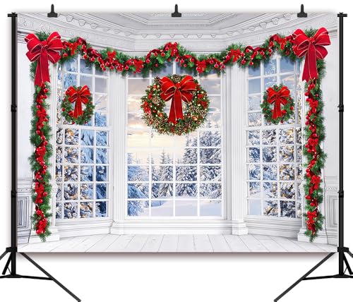 7x5Ft Christmas Window Backdrop for Photography Holy Garland String Lights Santa Claus Background Winter Snow Scene Merry Christmas Photo Backdrop Studio Props Banner - size: 7X5Ft