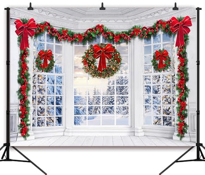 9x6Ft Christmas Window Backdrop for Photography Holy Garland String Lights Santa Claus Background Winter Snow Scene Merry Christmas Photo Backdrop Studio Props Banner - size: 9X6Ft