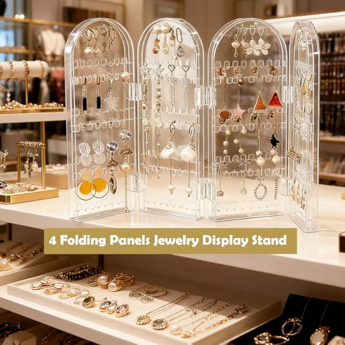 Earring Holder Organizer, Jewelry Organiser Stand, 4 Panels 260 Holes Foldable Screen Necklace Rack Multi-Purpose Dressing Tabletop Jewelry Holder for Necklaces Earrings Bracelets Rings