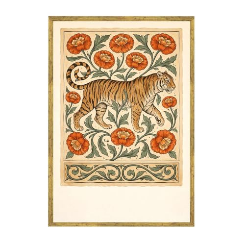 Framed Vintage Tiger and Floral Canvas Print Art Poster, Rustic Exquisite Wall Art Painting Pictures for Living Room Bedroom Home Decor Wall Decor (16L x24W,Gold Framed) - size: 16L"x24W"