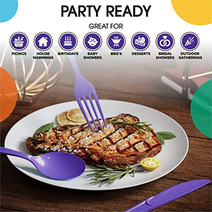 Party Solids Purple Plastic Forks 200 Pieces Purple Forks Disposable Utensils Heavy Duty Plastic Cutlery Set Disposable Cutlery Sets Flatware Sets Silverware Set Party Supplies & Party Tableware - color: Purple