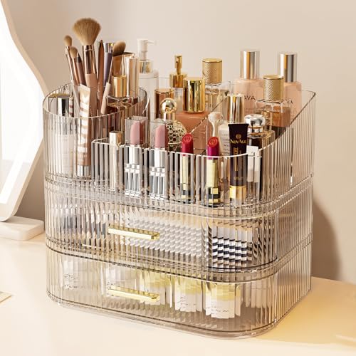 Makeup Organizer with 360 Rotating Brush Holder and Stackable Drawers, Cosmetic Display Case for Vanity, Bathroom Countertop (Clear, 3 Layer) - color: Clear, size: 3 Layer